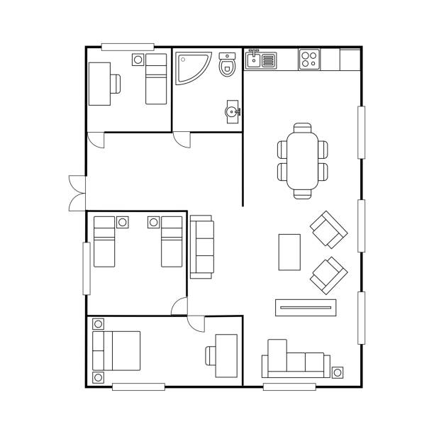 ilustrații de stoc cu plan de arhitectură cu mobilier. planul podelei casei, - apartament