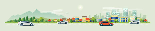 Urban Landscape Street Road with Cars and Mountain City Skyline Background Flat vector cartoon style illustration of urban landscape road with cars, skyline city office buildings and family houses in small town village in backround with forest and mountain. Traffic on the street. traffic illustrations stock illustrations