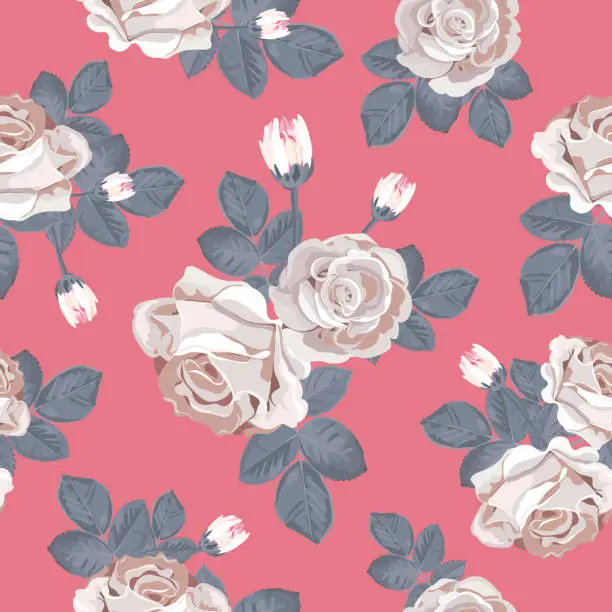 Vector illustration of Retro floral seamless pattern. White roses with blue gray leaves on red background. Vector illustration