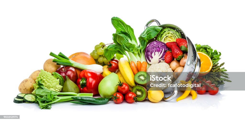 Healthy fresh fruits and vegetables in a colander isolated on white background Front view of healthy fresh fruits and vegetables in a colander isolated on white background. Fruits and vegetables included in the composition are orange, kiwi, fig, banana, grape, strawberry, pear, apple, lettuce, bell pepper, onion, cucumber, cauliflower, broccoli, tomato, carrot, cabbage, corn and others. DSRL studio photo taken with Canon EOS 5D Mk II and Canon EF 70-200mm f/2.8L IS II USM Telephoto Zoom Lens Vegetable Stock Photo