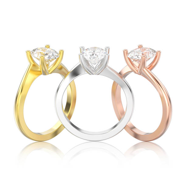 istock 3D illustration isolated three yellow, rose and white gold or silver engagement illusion twisted rings with diamonds with reflection 903317498