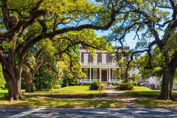 Mobile, AL, USA - April 3, 2015: Typical old house with columns in downtown district of Mobile, Alabama, USA.