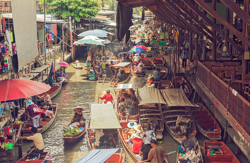 Floating market in Thailand.Bangkok