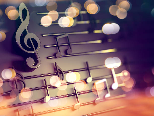 Music background design.Musical writing and Christmas carol 3d illustration of musical notes and musical signs of abstract music sheet.Songs and melody concept music stock pictures, royalty-free photos & images