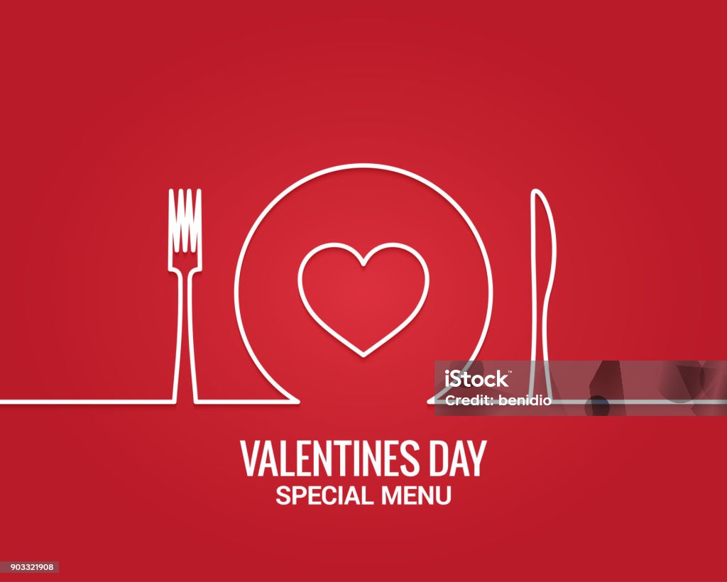 Valentines day menu. Fork and knife with plate line. Valentines day menu. Fork and knife with plate line. Restaurant menu on red background 10 eps Valentine's Day - Holiday stock vector