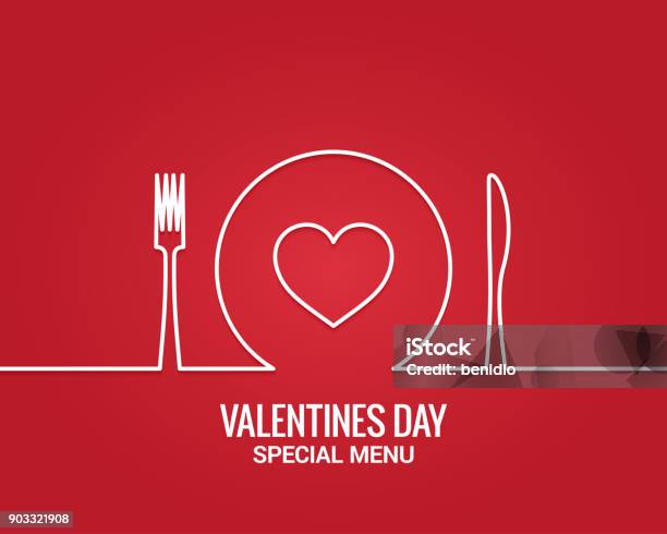 Valentines Day Menu Fork And Knife With Plate Line Stock Illustration - Download Image Now