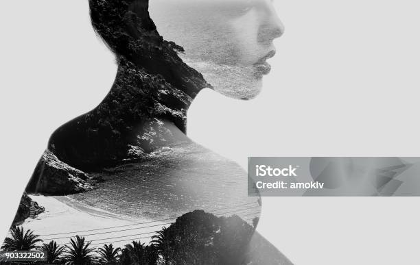 Double Exposure Black And White Stock Photo - Download Image Now - Women, Naked, One Woman Only