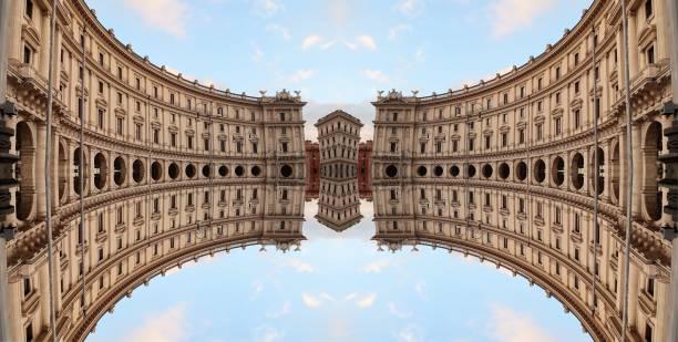 Rome, Italy – December 14, 201: photography showing buildings from the Piazza della Republicca. The photography showed an optical illusion created with a mirror effect. The photography was taken from the city of Rome, Italy.