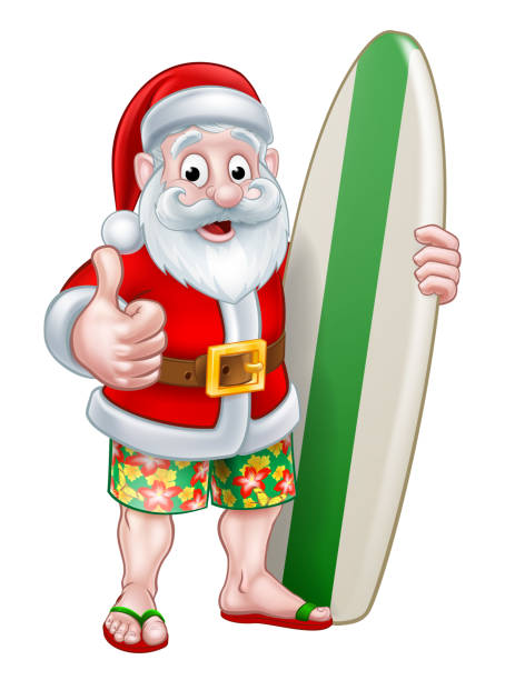 ilustrações, clipart, desenhos animados e ícones de papai noel em shorts, segurando a prancha de surf - beach sunlight surfboard santa claus