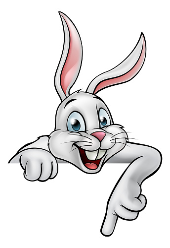 A cartoon white Easter bunny or rabbit pointing
