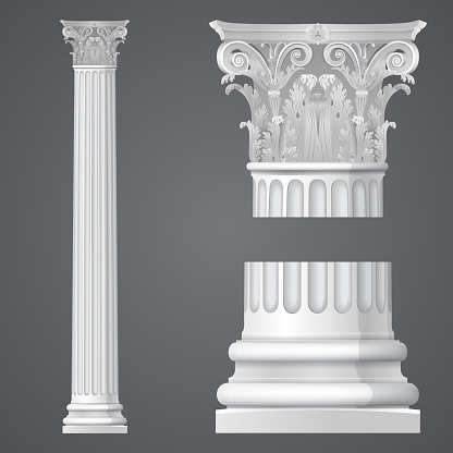 White Realistic antique Corinthian column. Classical architectural support. Vector graphics