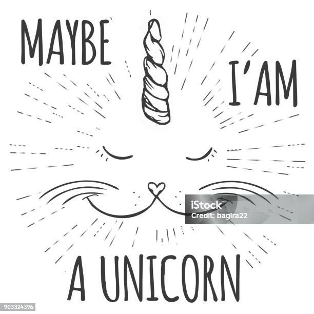 Unicorn Cat Funny Hand Drawn Design For Tshirt Or Greeting Card Stock Illustration - Download Image Now