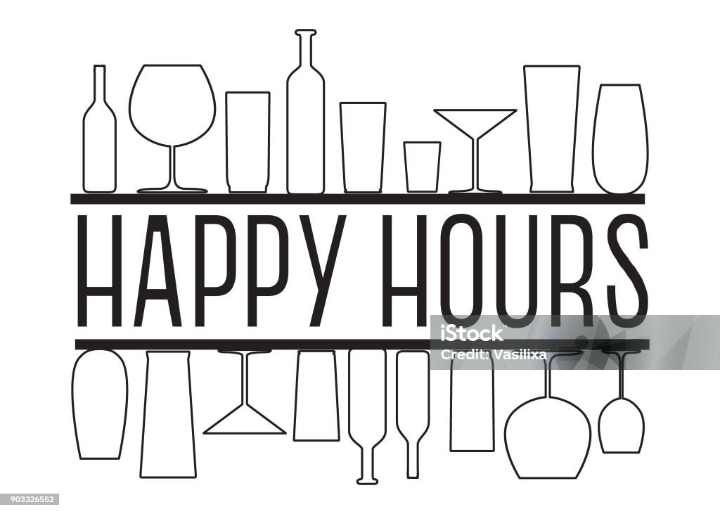 Texte vecteur noir et blanc happy hours avec contour de verres et des bouteilles sur la barre d’étagères. - clipart vectoriel de Happy Hour libre de droits