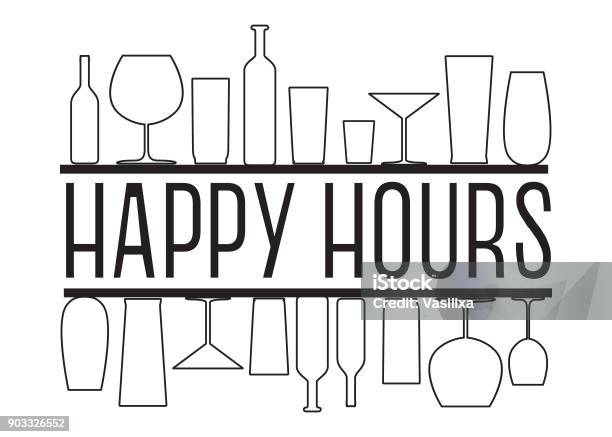 Happy Hours Black And White Vector Text With Countour Glasses And Bottles On The Bar Shelves Stock Illustration - Download Image Now