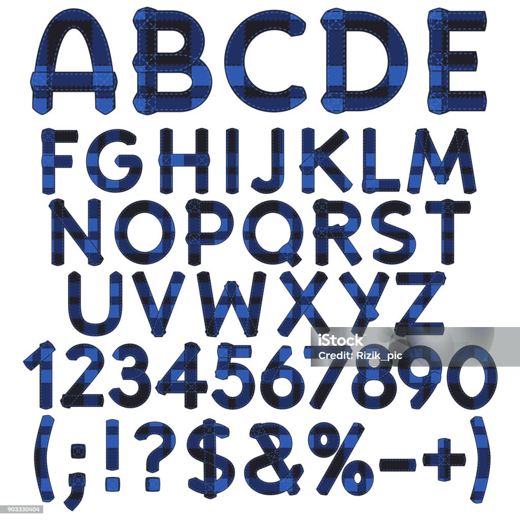 Alphabet, letters, numbers and signs from blue cloth tartan. Isolated vector objects. Alphabet, letters, numbers and signs from blue cloth tartan. Isolated vector objects on white background. Typescript stock vector