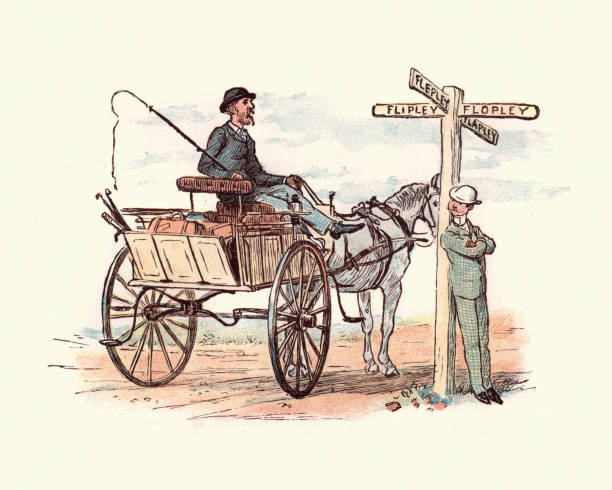 ilustrações, clipart, desenhos animados e ícones de victorian homens perdido e confuso com o cavalo e a carroça - randolph caldecott