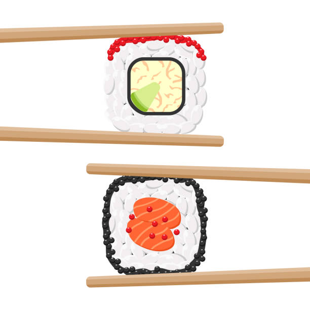 Set of yummy colored sushi rolls with chopsticks Vector icon set of yummy colored sushi rolls with chopsticks. Different flavours and kinds cartoon of the sushi plate stock illustrations