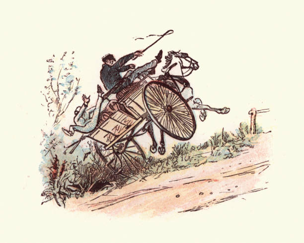 Vintage engraving of Victorian men crashing their horse and cart.  Strange Adventures of a Dog cart, by Randolph Caldecott.
