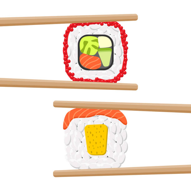 Set of yummy colored sushi rolls with chopsticks Vector icon set of yummy colored sushi rolls with chopsticks. Different flavours and kinds cartoon of the sushi plate stock illustrations