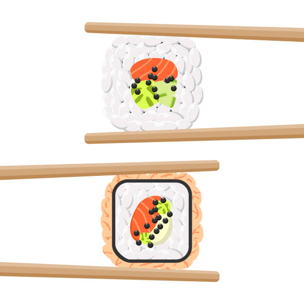 Set of yummy colored sushi rolls with chopsticks Vector icon set of yummy colored sushi rolls with chopsticks. Different flavours and kinds cartoon of the sushi plate stock illustrations