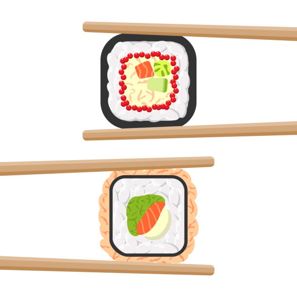 Set of yummy colored sushi rolls with chopsticks Vector icon set of yummy colored sushi rolls with chopsticks. Different flavours and kinds cartoon of the sushi plate stock illustrations