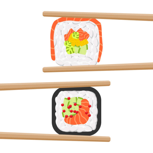 Set of yummy colored sushi rolls with chopsticks Vector icon set of yummy colored sushi rolls with chopsticks. Different flavours and kinds cartoon of the sushi plate stock illustrations