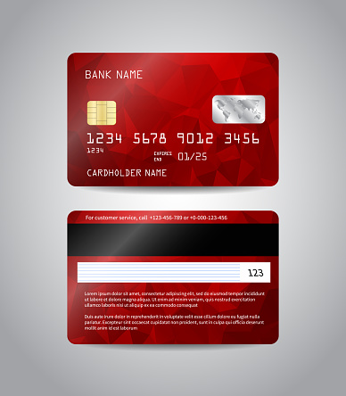 Realistic detailed credit cards set with colorful red abstract triangular design background. Red card. Front and back side template. Money, payment symbol. Vector illustration EPS10