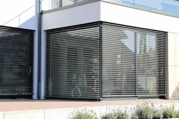 Window with modern blind, exterior shot