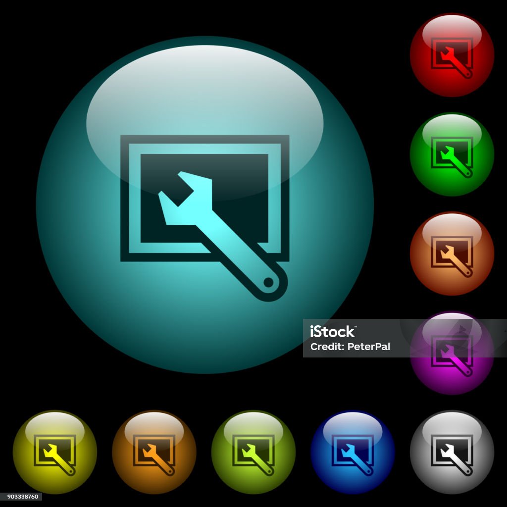 Screen settings icons in color illuminated glass buttons Screen settings icons in color illuminated spherical glass buttons on black background. Can be used to black or dark templates Adjusting stock vector