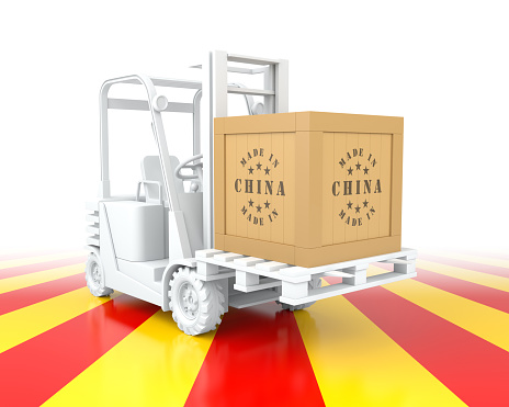 Forklift Truck with China Flag Color. Made in China. 3d Rendering