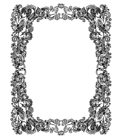 Vector illustration of vintage wedding vignette frame - renaissance engraving style hand drawn ornament frame with cupids, Claddagh symbol with hands and heart, and wedding rings