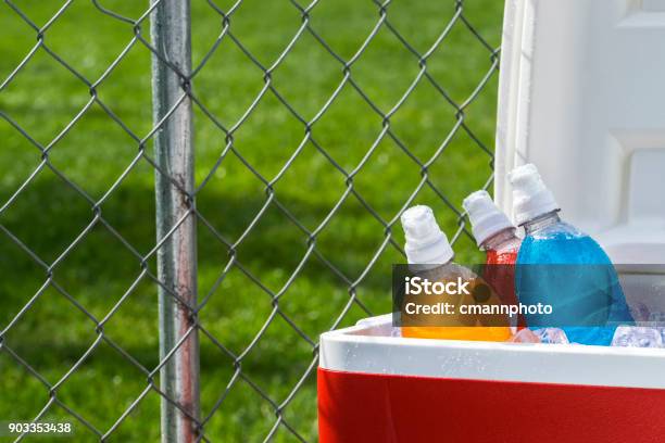 Ice Cold Colorful Sports Drinks On Ice In Cooler On A Hot Day Stock Photo - Download Image Now