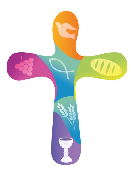 Rainbow christian cross with various symbols rounded cross with Christian symbolism: chalice, dove, grapes, fish, ears of wheat, bread on a purple background communion stock illustrations