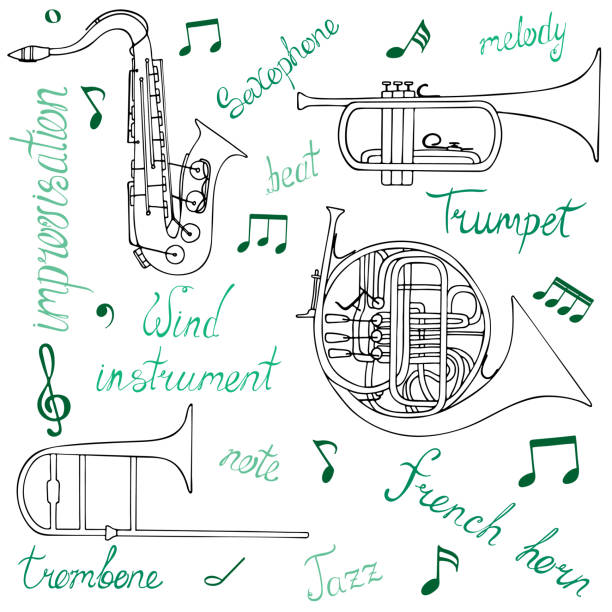 illustrations, cliparts, dessins animés et icônes de ensemble d’instruments de musique vent dessinés à la main, des notes et lettres. - trumpet jazz bugle brass instrument