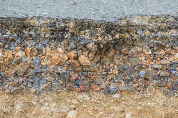 Photo of The layer of asphalt road with soil and rock after landslide.