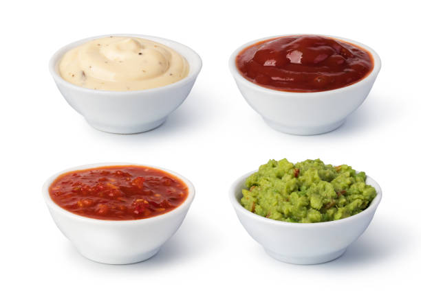 schalen mit saucen - sauces dip ketchup mayonnaise stock-fotos und bilder