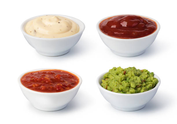 Bowls with sauces Bowls with sauces on white background guacamole stock pictures, royalty-free photos & images