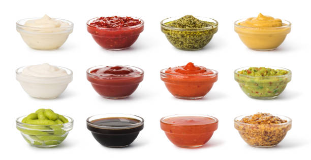 bowl with sauce set - tartar sauce imagens e fotografias de stock