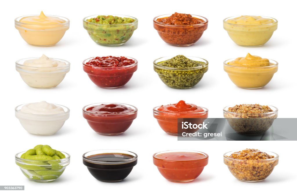 Bowl with sauce set Bowl with sauce set  isolated on white background Salsa Sauce Stock Photo