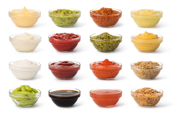 Bowl with sauce set Bowl with sauce set isolated on white background mustard fruits stock pictures, royalty-free photos & images