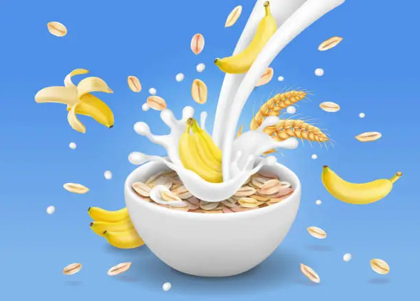 Vector illustration of Oatmeal with pouring milk Oats and banana with spikelets of cereals. Vector illustration