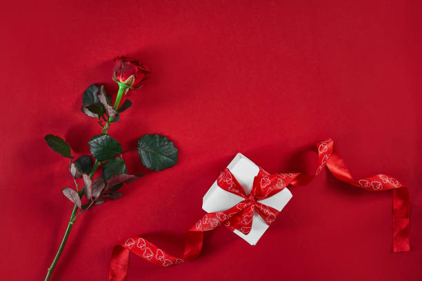 istock One dark red rose with red ribbon and gift box on red background 903369682