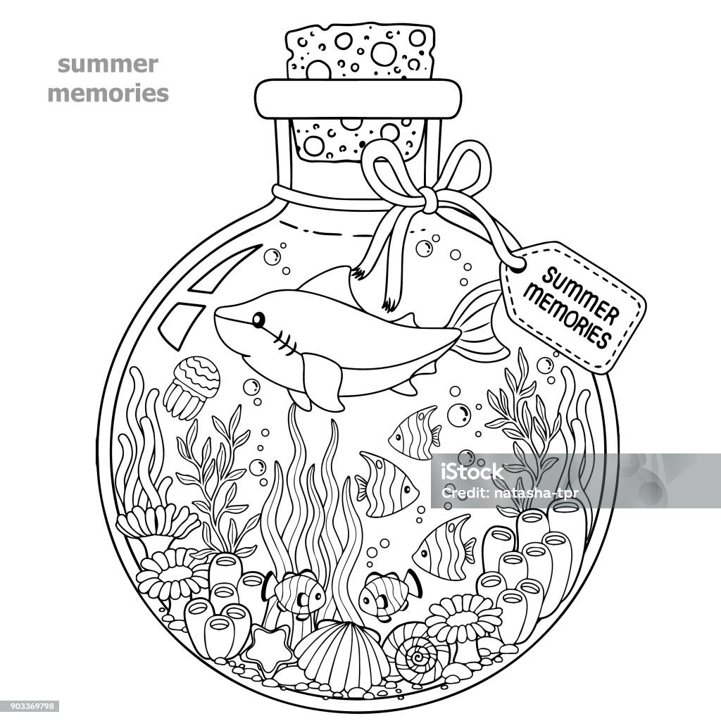Coloring book for adults. A glass vessel with memories of summer. A bottle with sea creatures - a shark, tropical fish, nemo fish, jellyfish, corals and seashells. Vector Coloring book for adults. A glass vessel with memories of summer. A bottle with sea creatures - a shark, tropical fish, nemo fish, jellyfish, corals and seashells. Animal stock vector