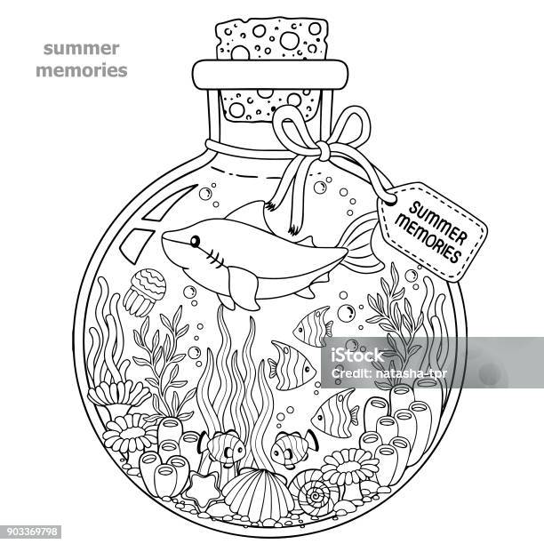 Coloring Book For Adults A Glass Vessel With Memories Of Summer A Bottle With Sea Creatures A Shark Tropical Fish Nemo Fish Jellyfish Corals And Seashells Stock Illustration - Download Image Now