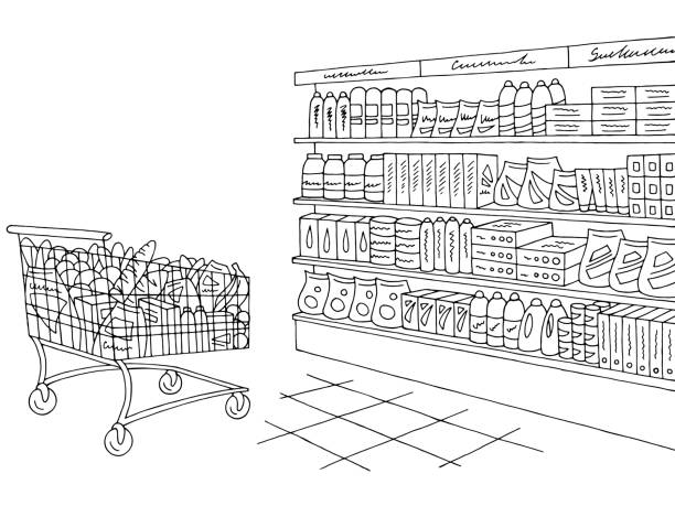 Grocery store shop interior black white graphic sketch illustration vector Grocery store shop interior black white graphic sketch illustration vector cart illustrations stock illustrations