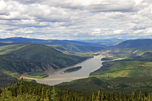 Panoramic view of the Yukon Kuskokwim River Delta near Dawson City, Yukon, Canada