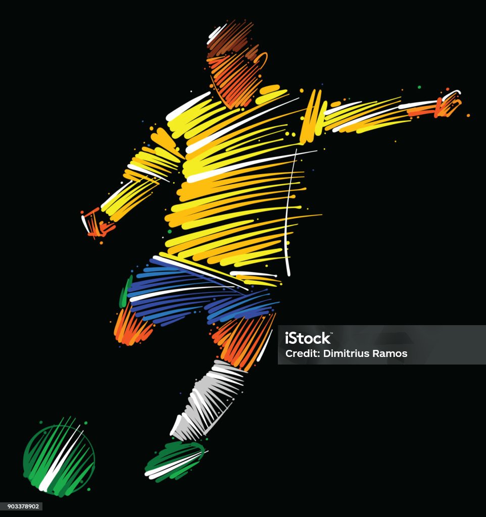 soccer player kicking the ball soccer player kicking the ball made of colorful brushstrokes on dark background Soccer Player stock vector