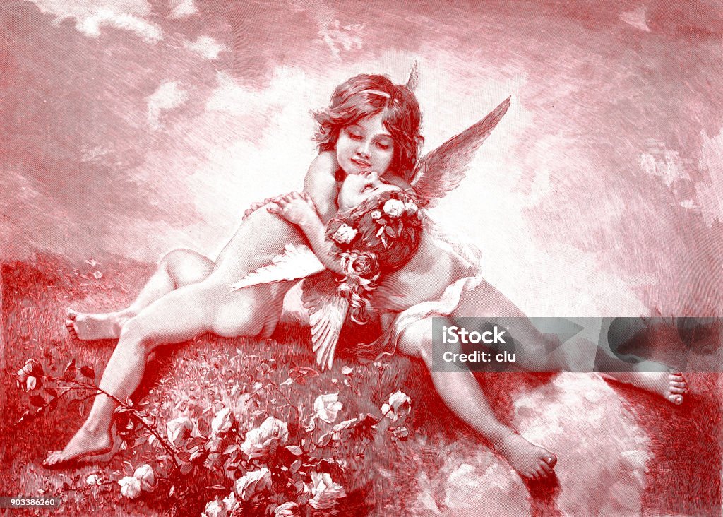 Love awakening, two angels embrace each other Illustration from 19th century Archival stock illustration