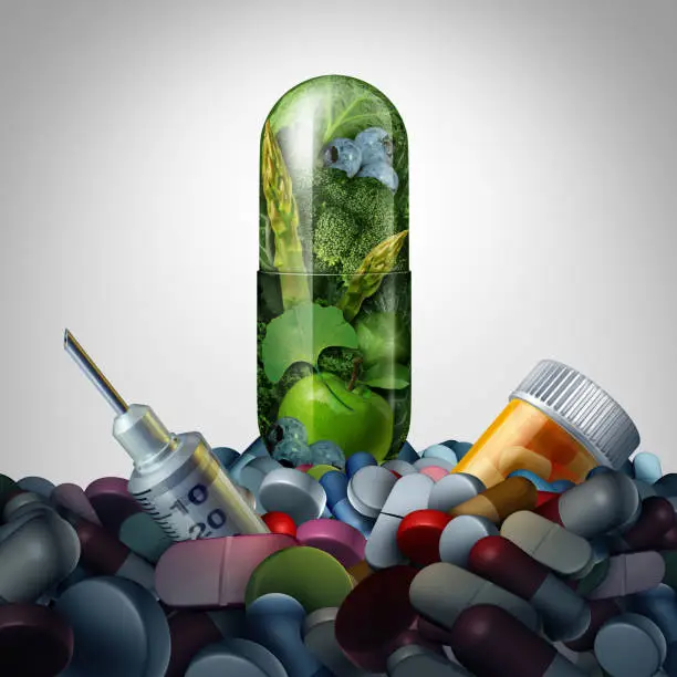 Alternative medicine supplement concept as natural herbal medication in a capsule versus pharmaceutical treatment as a 3D illustration.