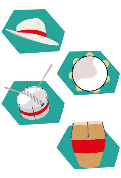 ilustraciones, imágenes clip art, dibujos animados e iconos de stock de instrumentos musicais de percusão - samba